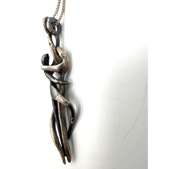 Silver Couple Pendant Necklace 18" Chain Yin Yang Dance Abstract Modernist Vtg - Picture 8 of 10